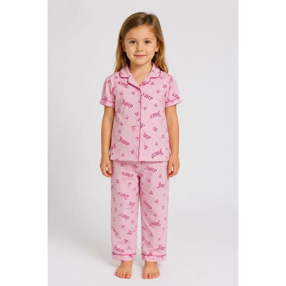 Juicy Couture Girls Pink Logo Pajama Set Size 4/5 Crown Print 2-Piece Sleepwear